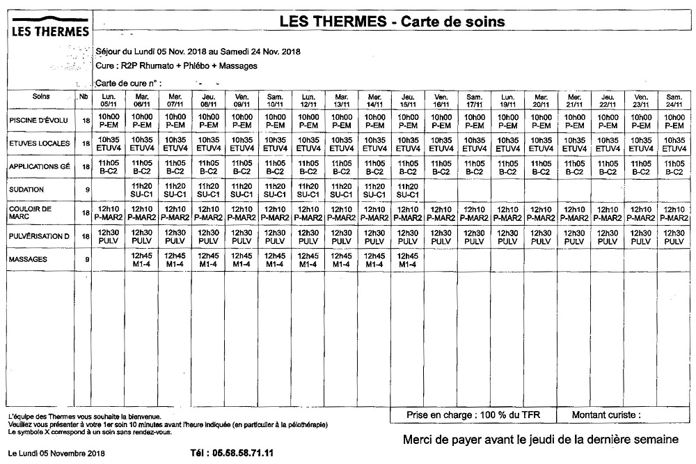 Planning d'une cure thermale au centre thermal les Thermes pour une cure en double orientation