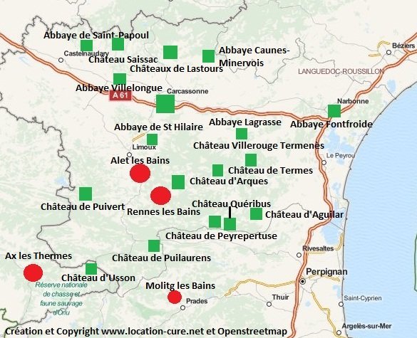 Carte des châteaux cathares et des stations thermales