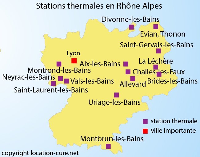 Carte des stations thermales dans la région Rhône Alpes