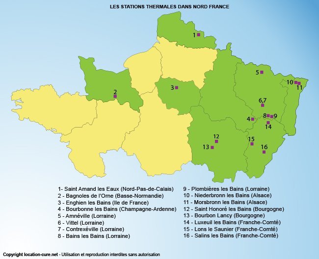 Carte des stations thermales dans le Nord de la France