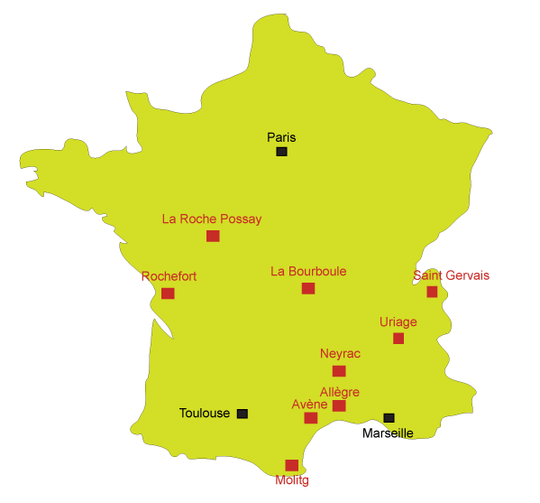 Carte des stations thermales spécialisées en Dermatologie en France