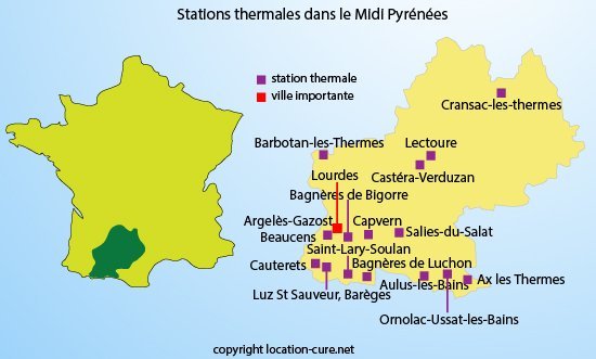 Carte des stations thermales dans le Midi Pyrénées