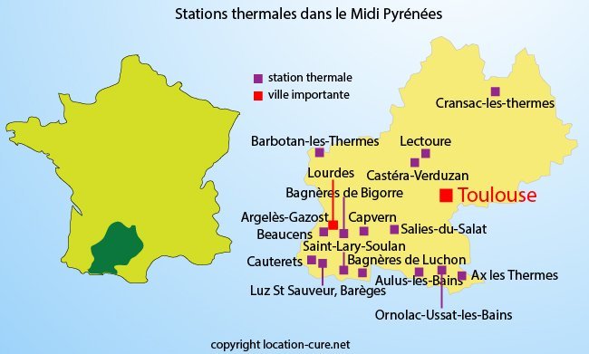 Carte des stations thermales en Midi-Pyrénées autour de Toulouse
