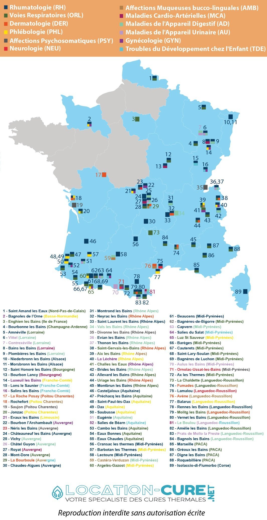 Carte des stations thermales en France en 2017