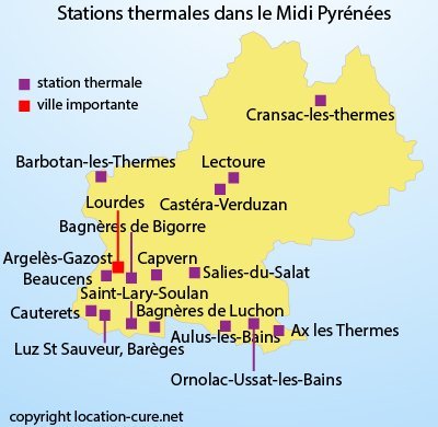 Carte des stations thermales en Midi Pyrénées