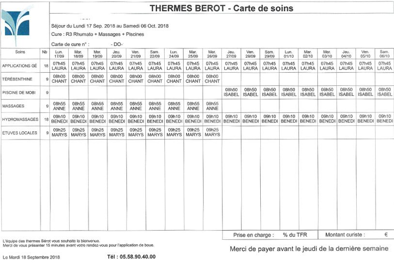 Planning d'une cure thermale au centre thermal Bérot pour une cure en rhumatologie