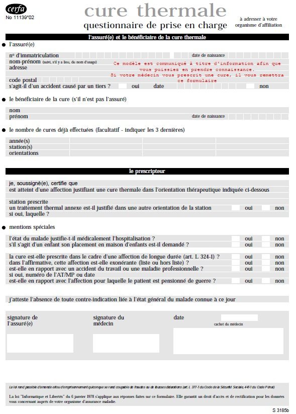 Questionnaire de prise en charge d'une cure thermale - Cerfa 11139